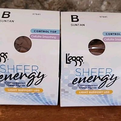 Leggs Sheer Energy Tights Size B Suntan Control Top Light Support Leg 2 Pairs